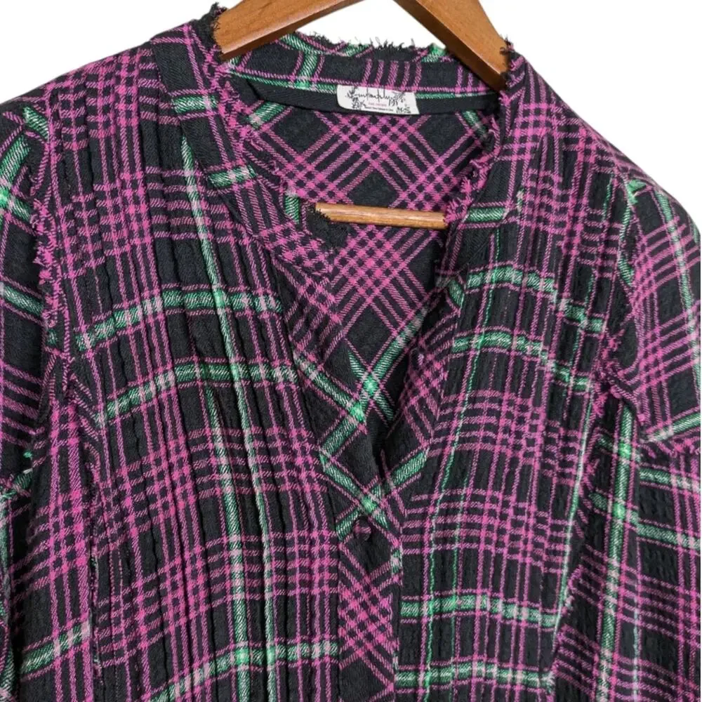 Free People Plaid About You Sleep Flannel Top XS Oversized Button Pink Black